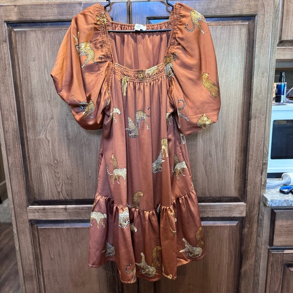 Entro Cheetah Print Puff Sleeve Tiered Mini Dress | Size Small - Picture 1 of 7